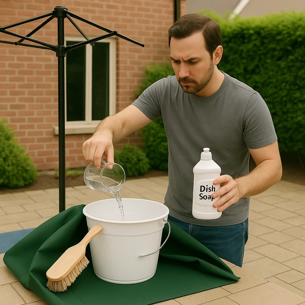 Hand mixing liquid soap with warm water in a red bucket for umbrella cleaning.