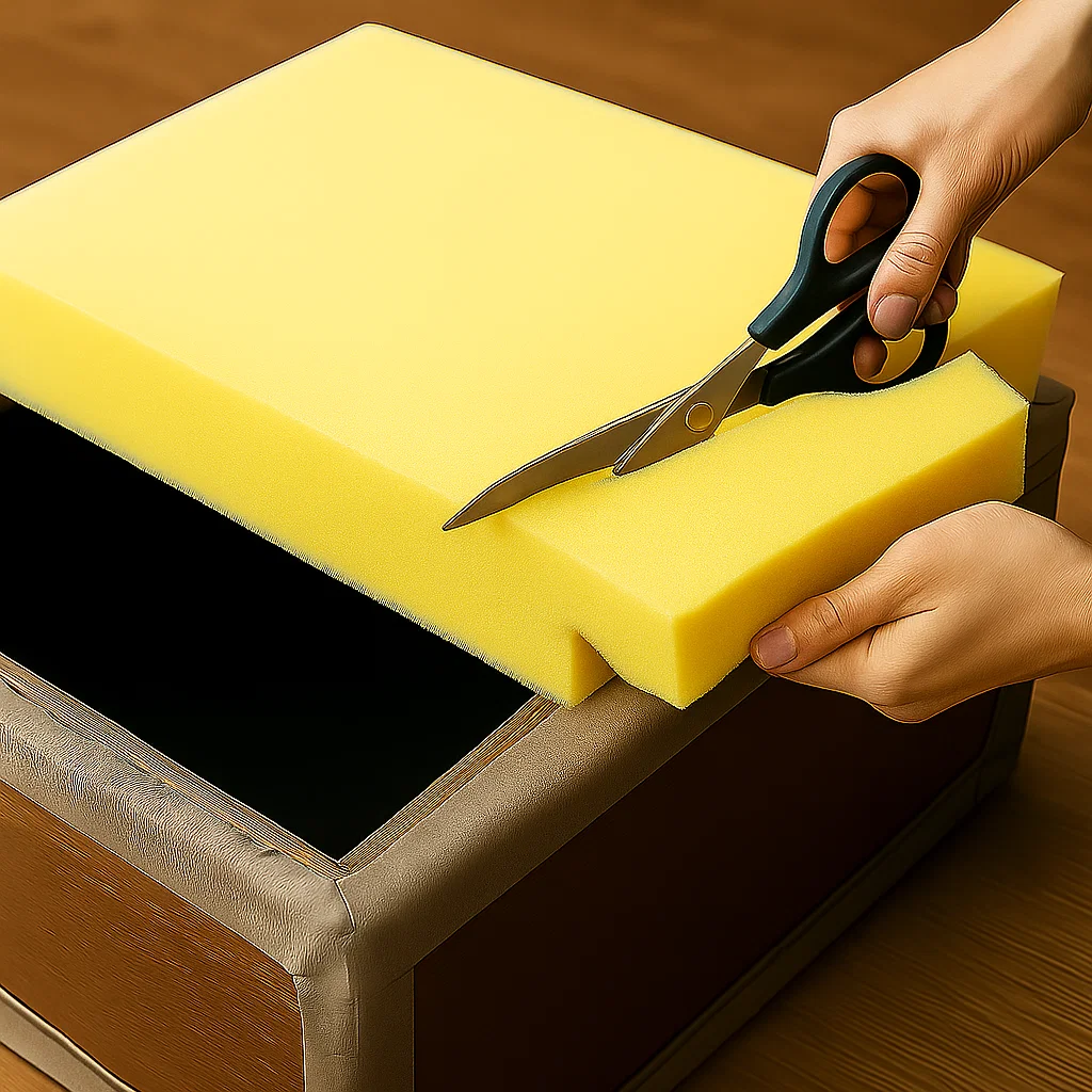 Cutting yellow upholstery foam to fit top of ottoman using scissors.