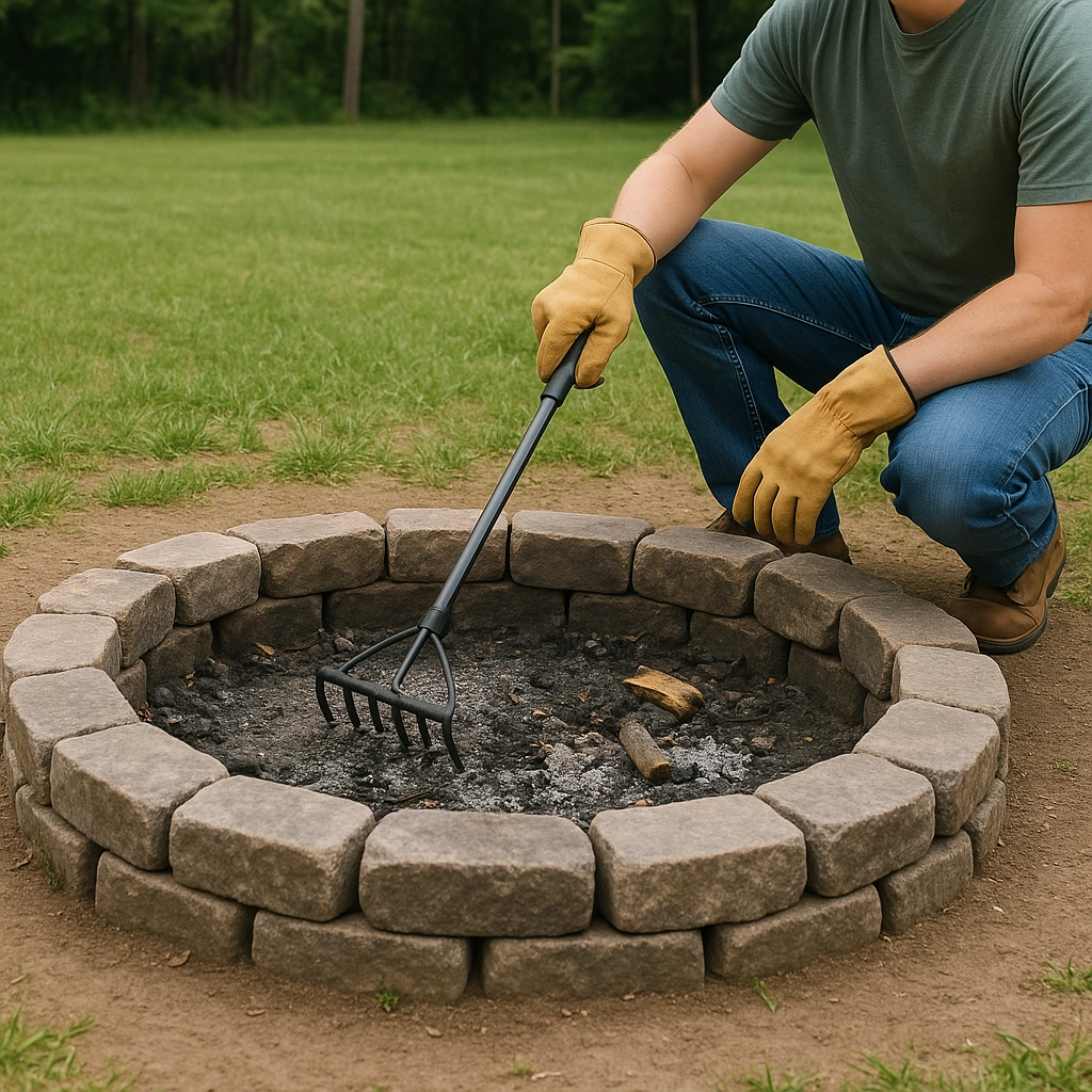 Cleaning and arranging fire pit base with gravel and bricks for safe fire preparation.