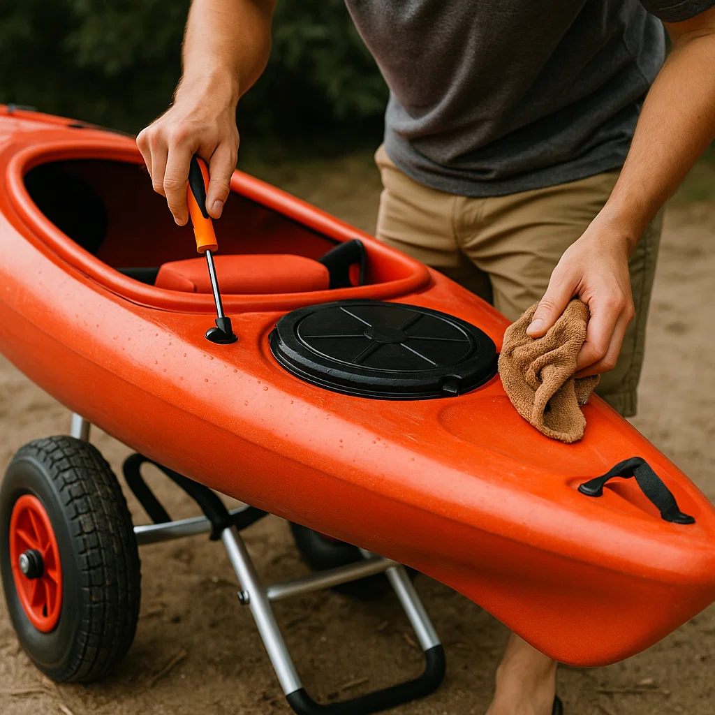 Man drying red kayak and checking hatches before transport using a wheeled kayak cart.