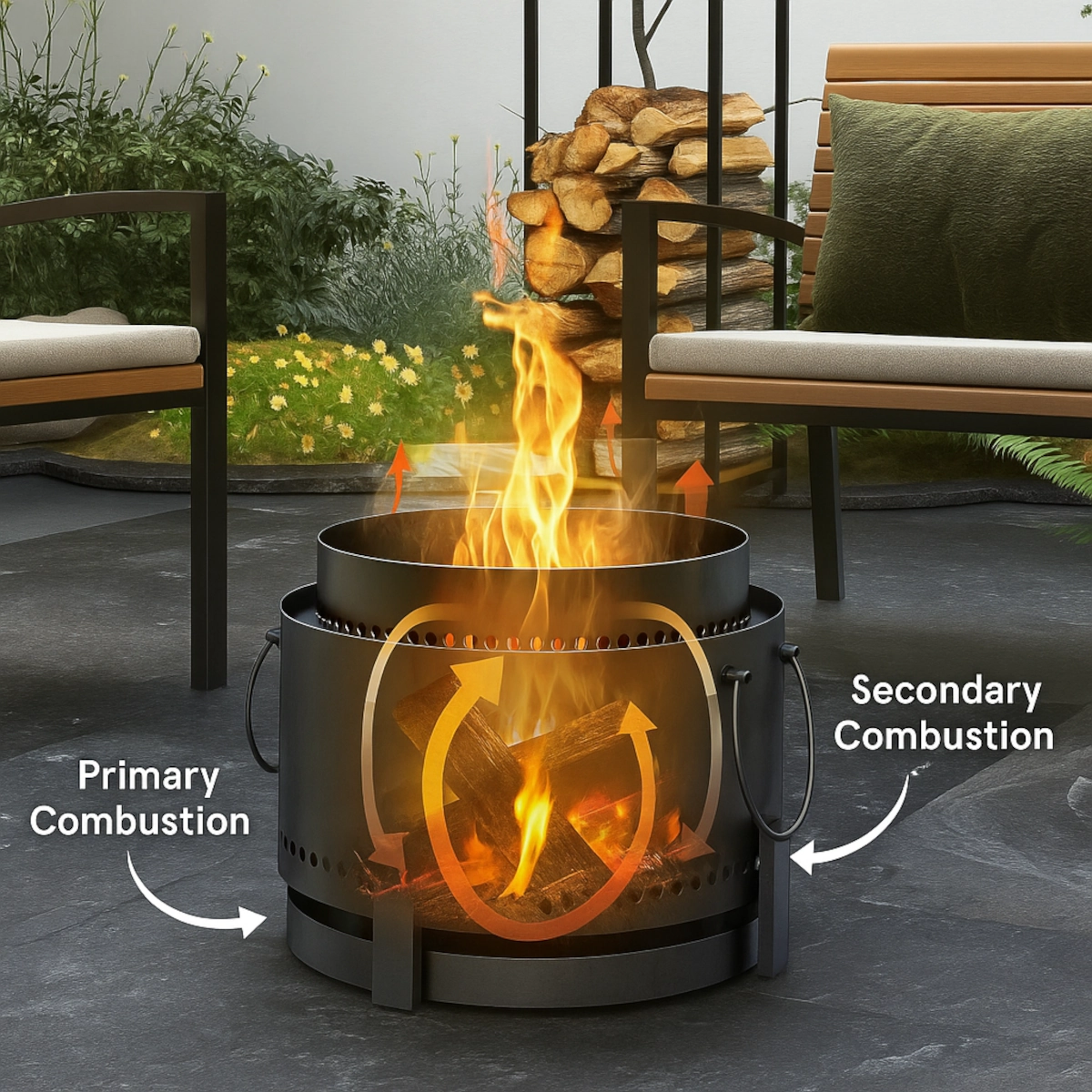 Fire pit combustion diagram illustrating primary and secondary airflow for a cleaner burn experience.