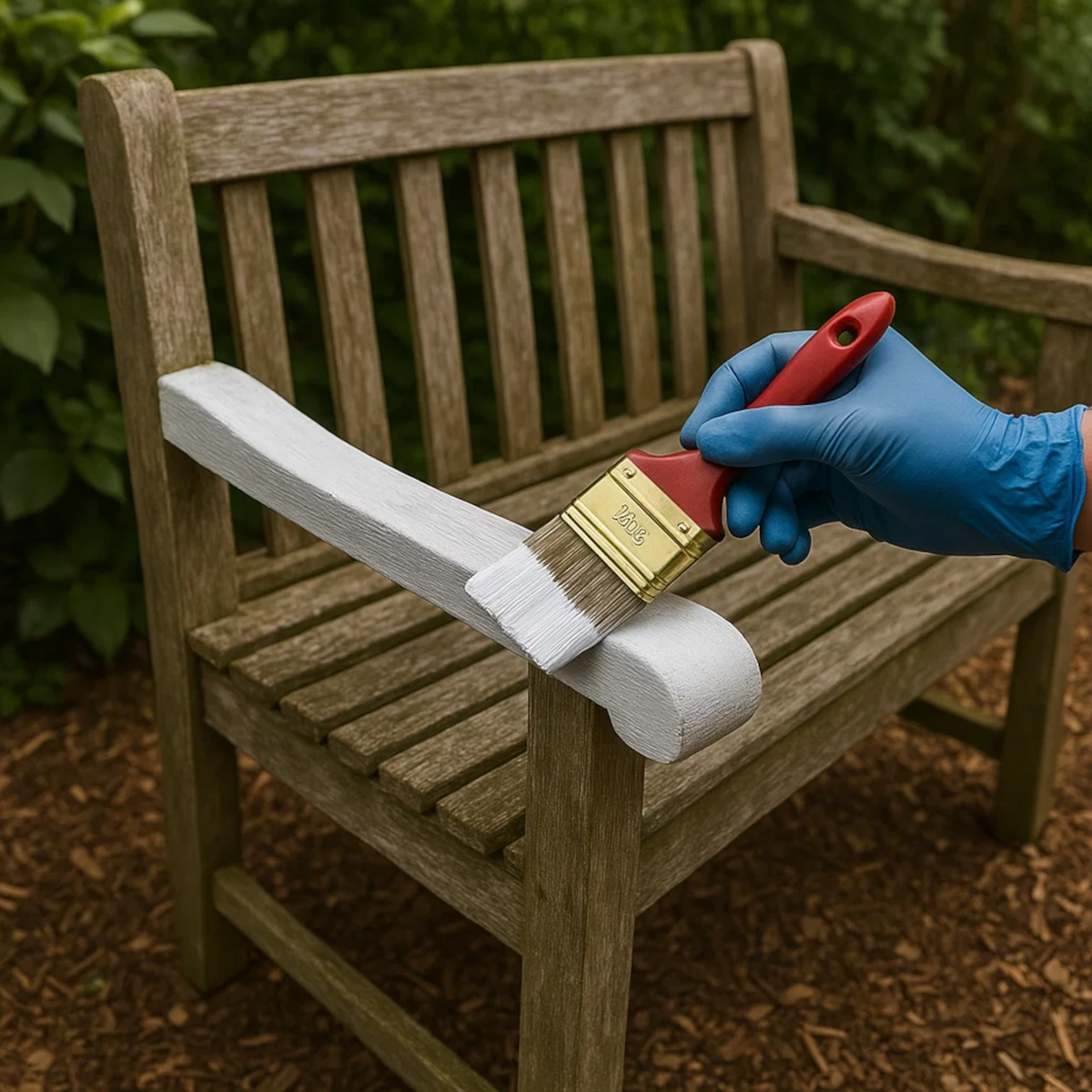 Brushing white primer onto weathered garden bench before painting for better adhesion.