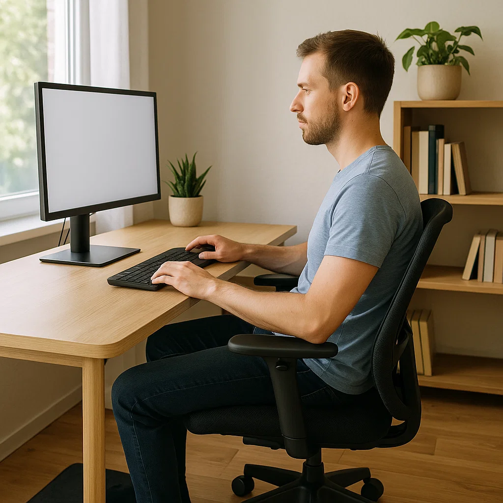 Man sitting upright at a computer desk with ergonomic chair, bookshelves, and potted plant.