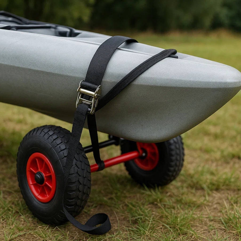 Close-up of kayak secured on red-wheeled cart using black cam buckle straps on grass.