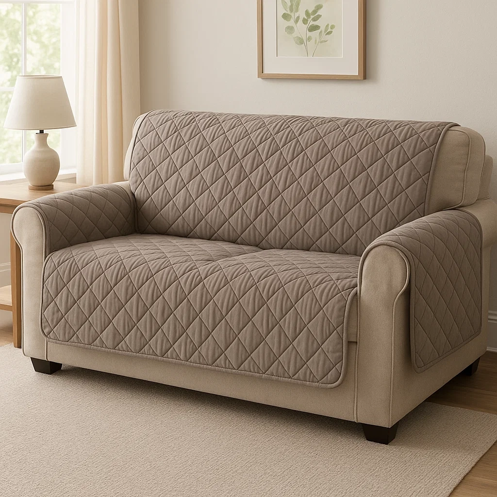 Beige sofa with diamond-patterned quilted cover in a softly lit living room.