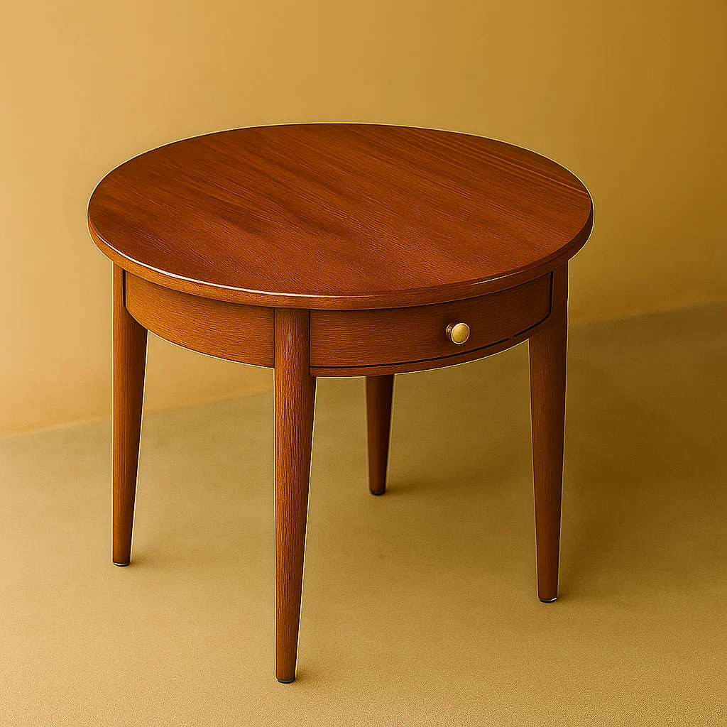 Refinished round wood table with rich brown finish placed on beige floor near wood panel wall.