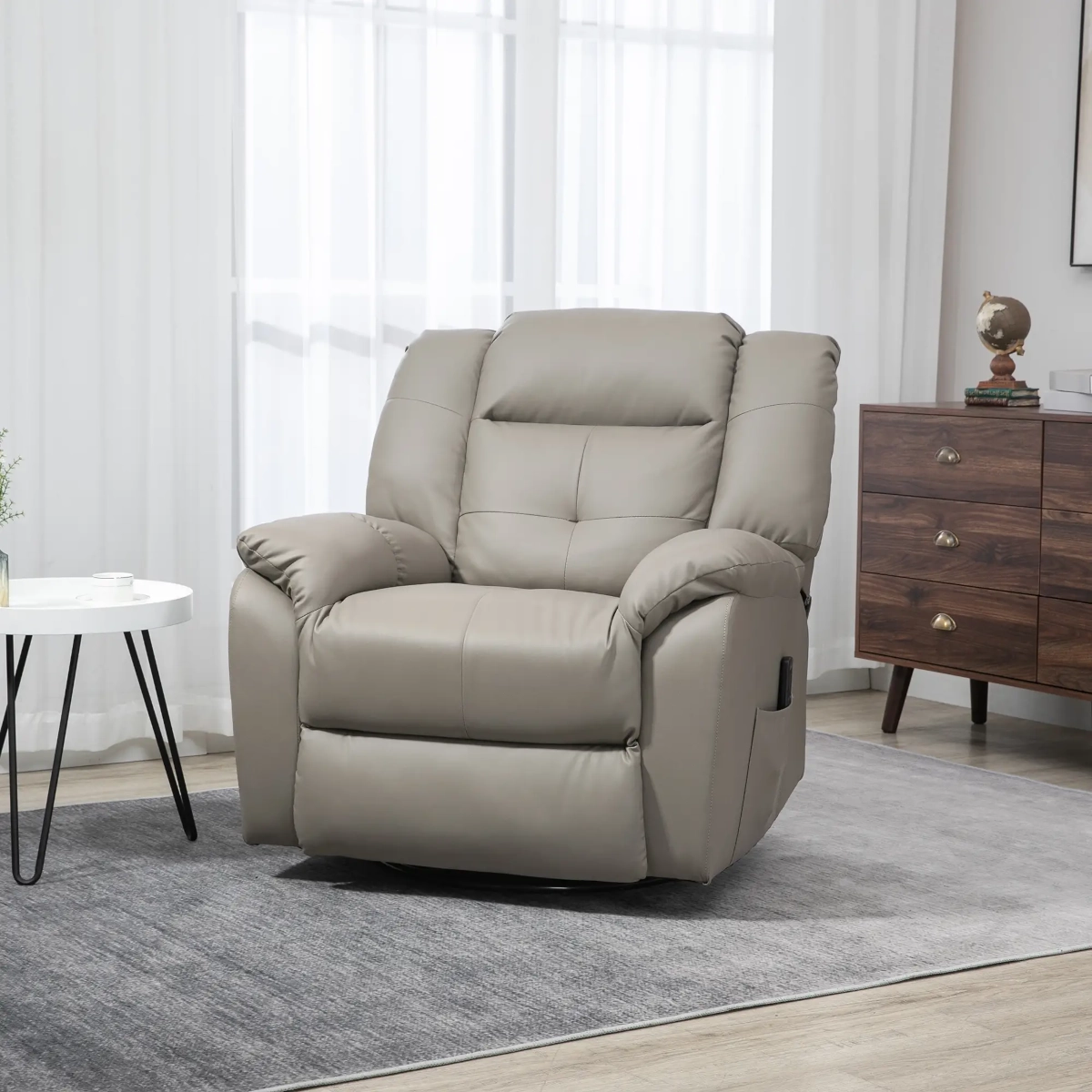 Beige power recliner chair with plush cushions and massage function in a bright living room.