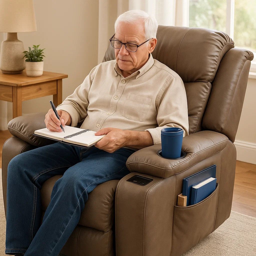 Elderly man writing in notebook on brown recliner chair with cup holder and storage pocket.