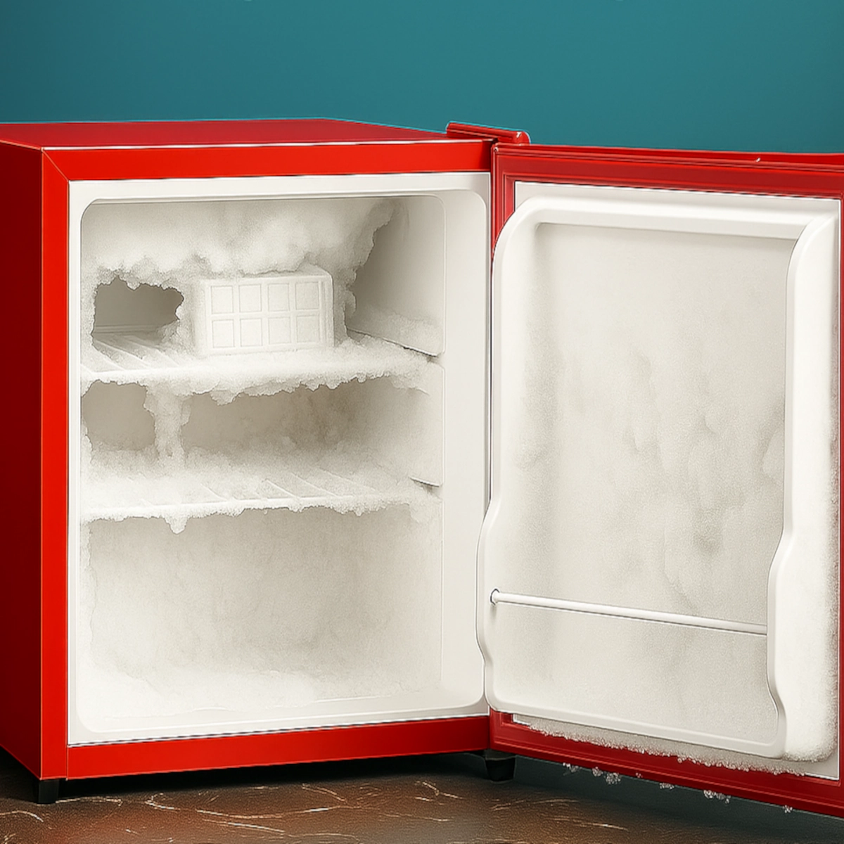 Mini fridge interior fully covered with thick white frost.