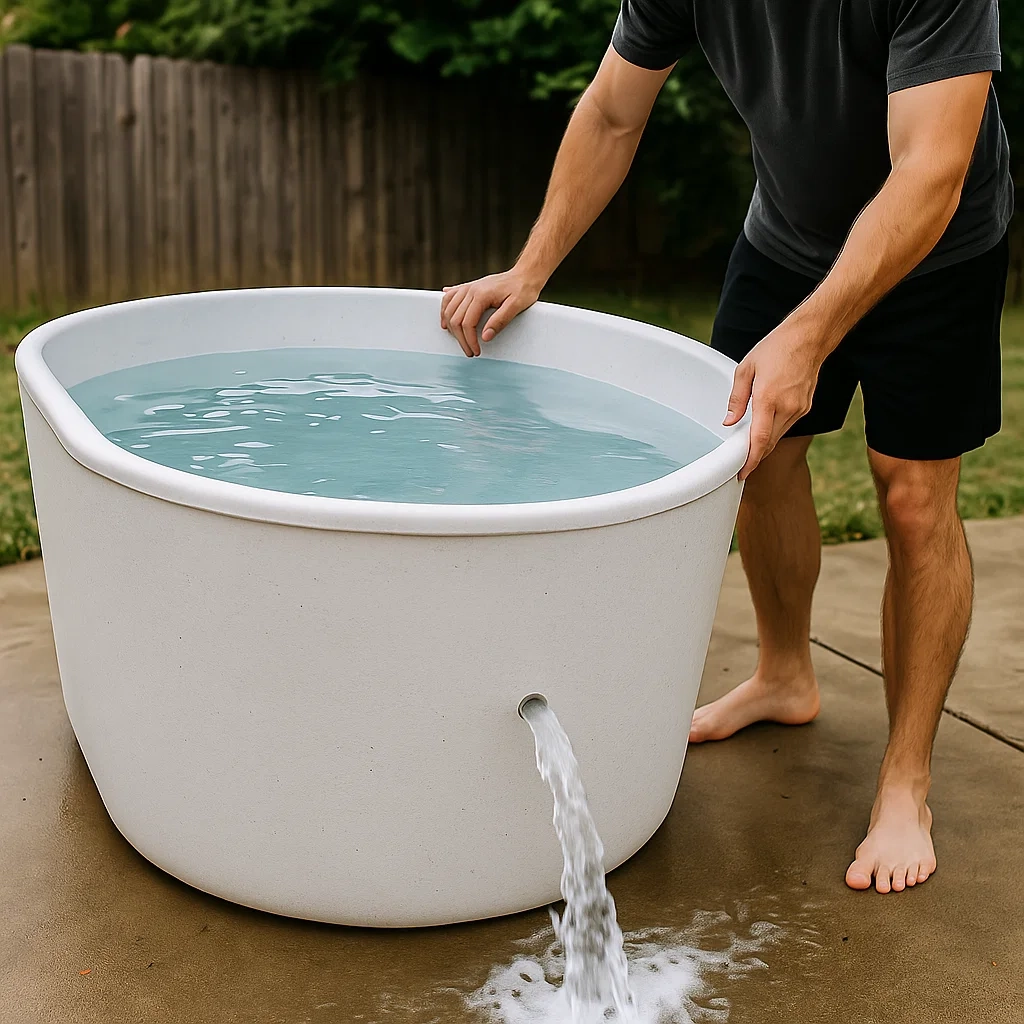 Man draining water from cold plunge tub outdoors during routine maintenance.