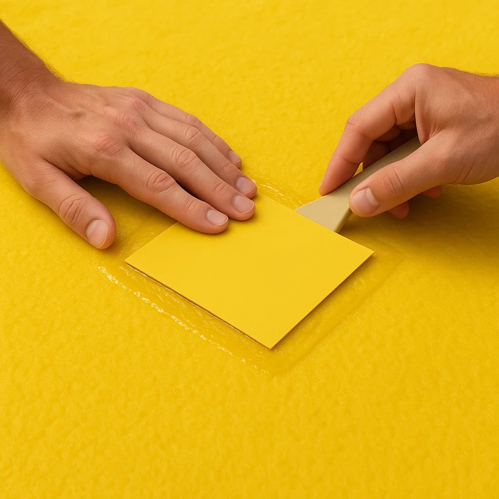 Additional square patch layered over existing repair to reinforce a floating mat surface.