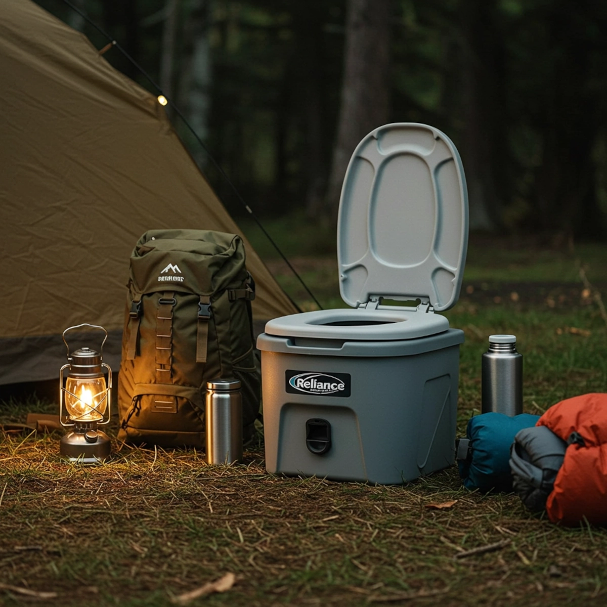 Portable camping toilet positioned on forest ground with a tent in the background.