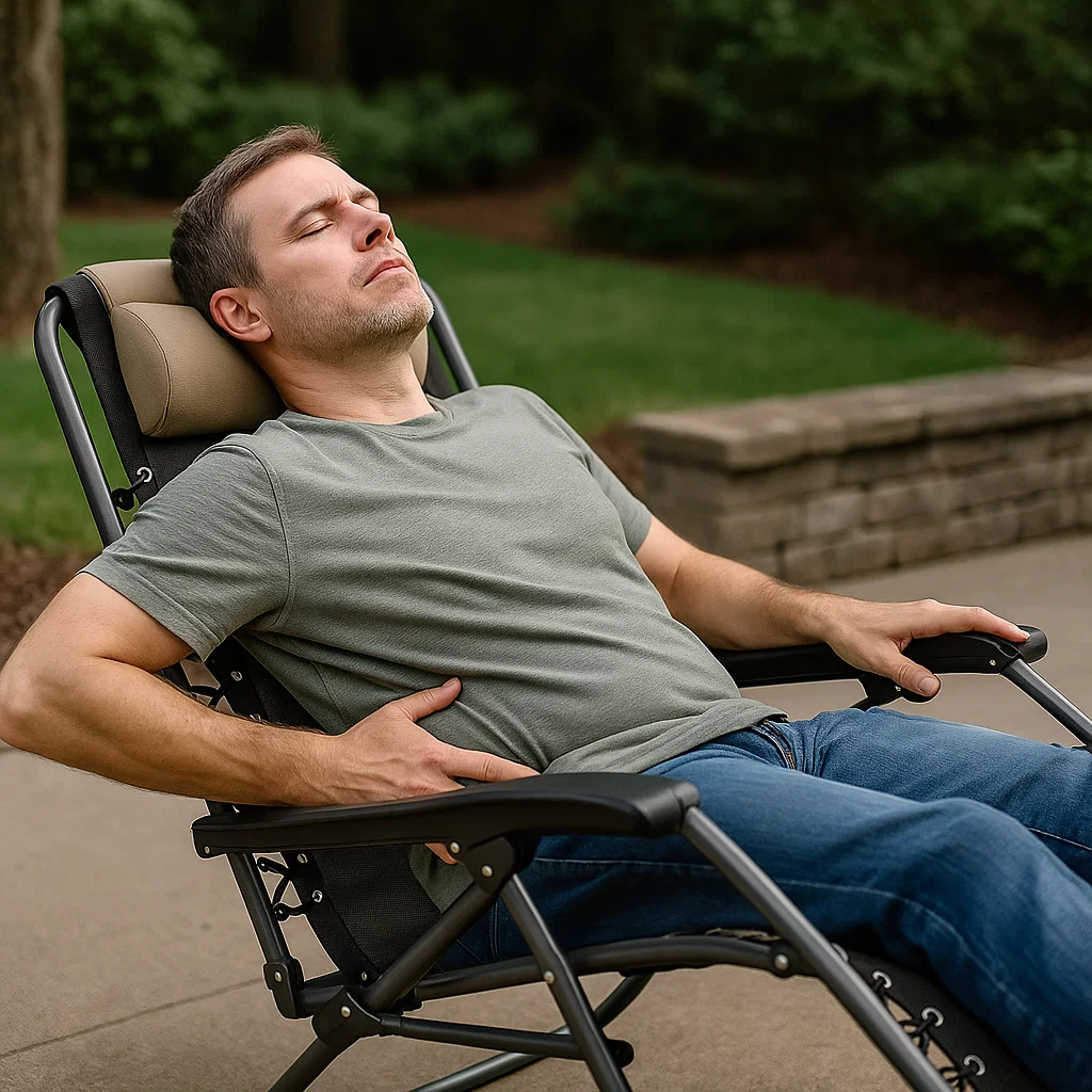 Man reclining comfortably outside on a zero gravity chair, eyes closed, enjoying the garden view.