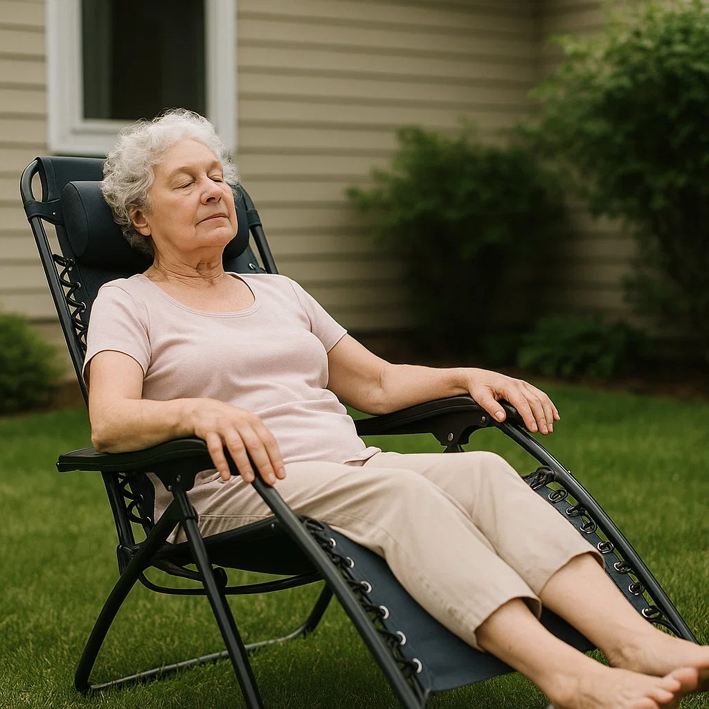 Senior woman reclining on a black zero gravity chair, relaxing on a green lawn in her backyard.