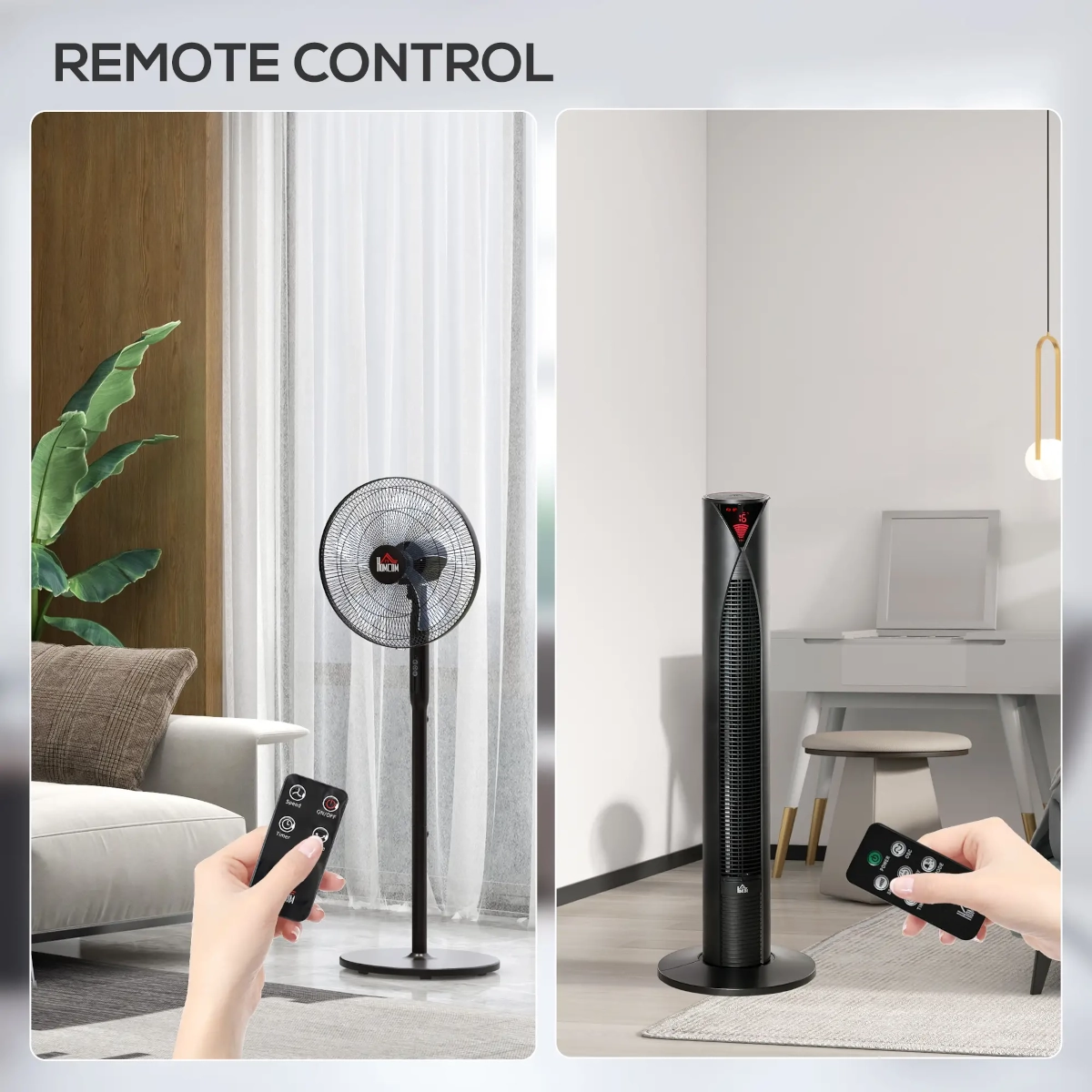 Person using remote control to adjust the settings of a tower fan from a distance.