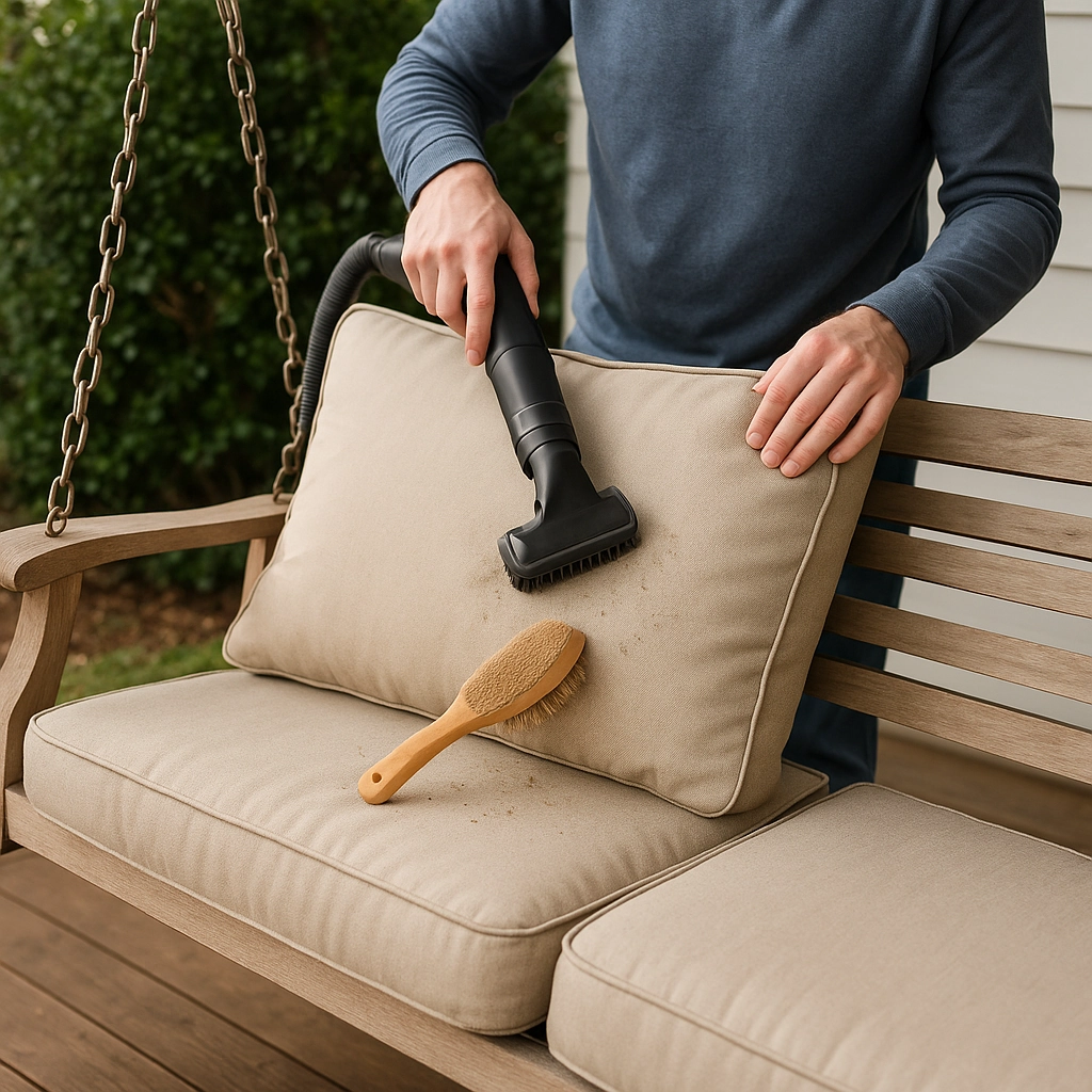 Brushing off loose dust and debris from outdoor porch swing cushions