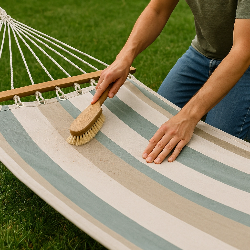 Person using a brush and spray bottle to clean a white rope hammock outside.
