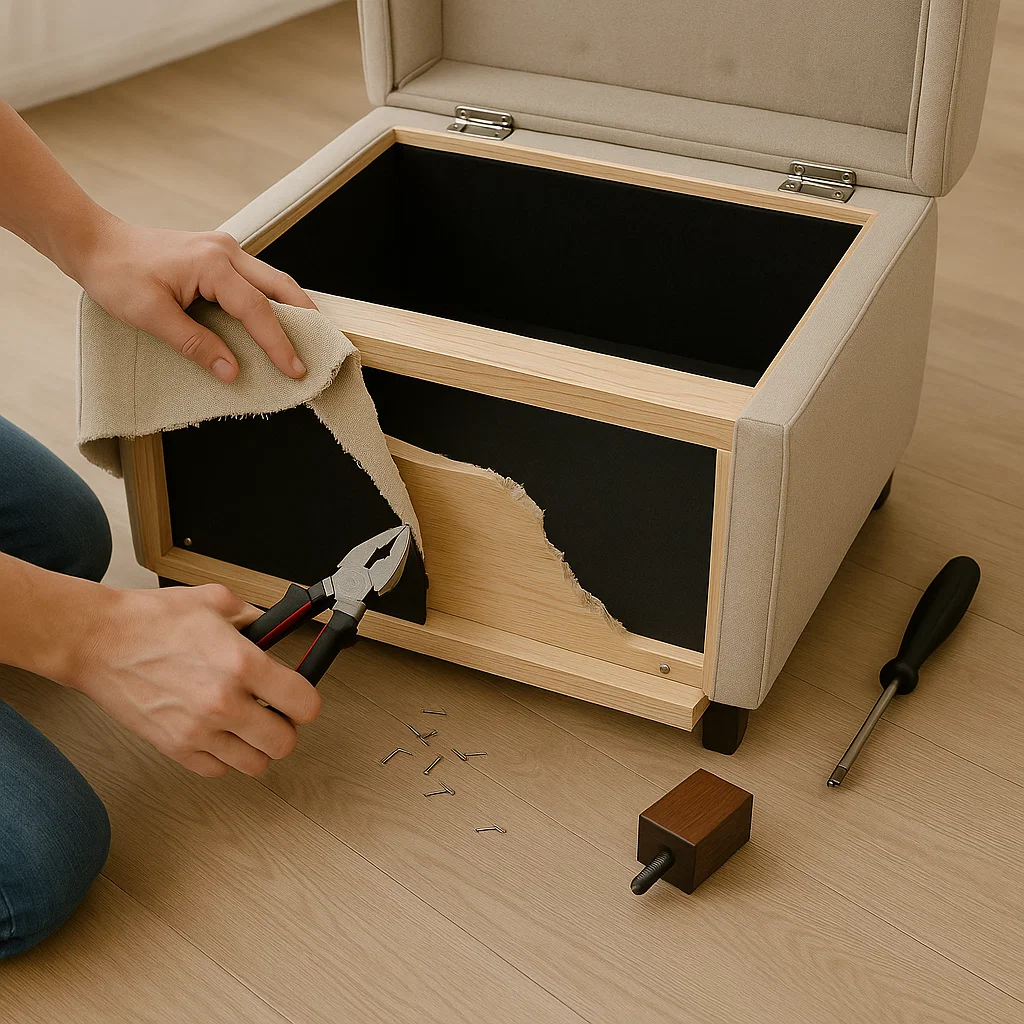 Removing upholstery fabric from ottoman with pliers and screwdriver on wooden floor.