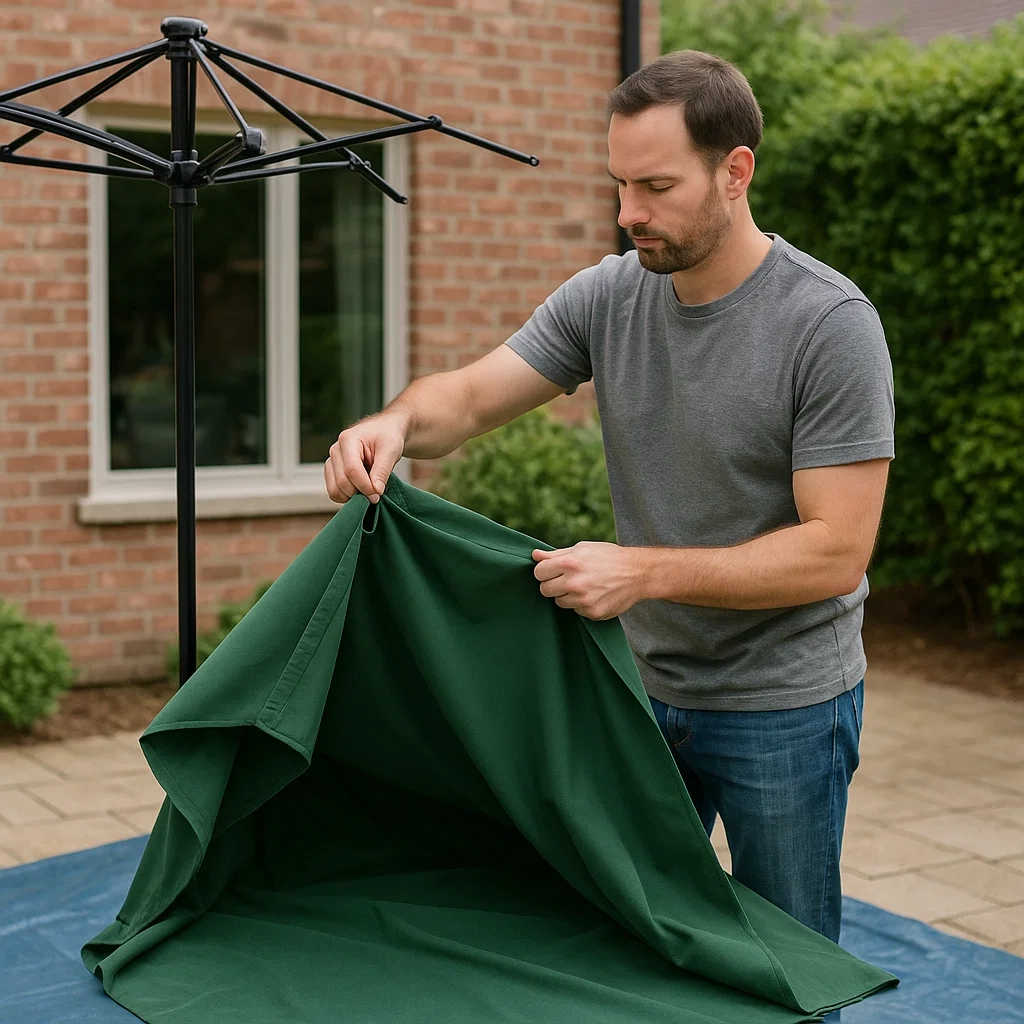 Person detaching fabric canopy from patio umbrella frame for separate washing.