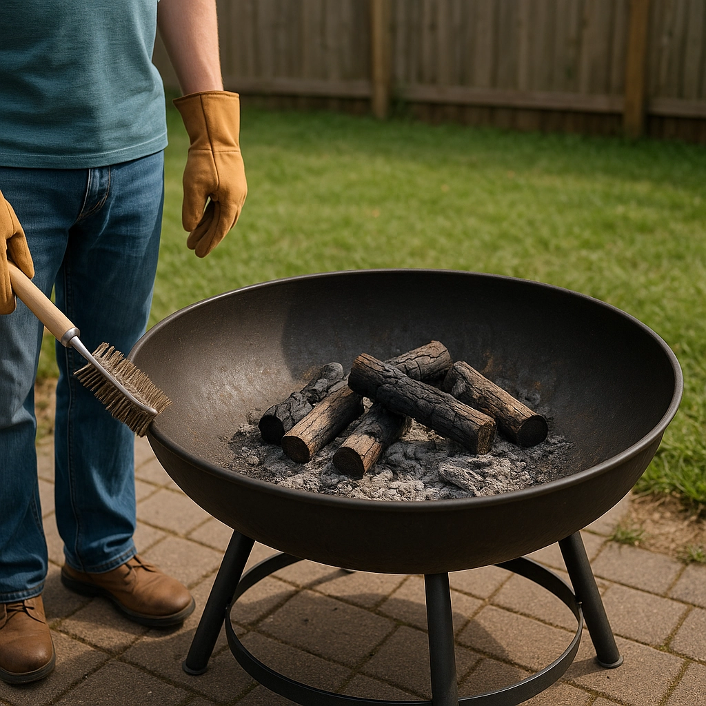 Scooping ashes and burnt debris from a backyard fire pit using a small shovel and bucket.