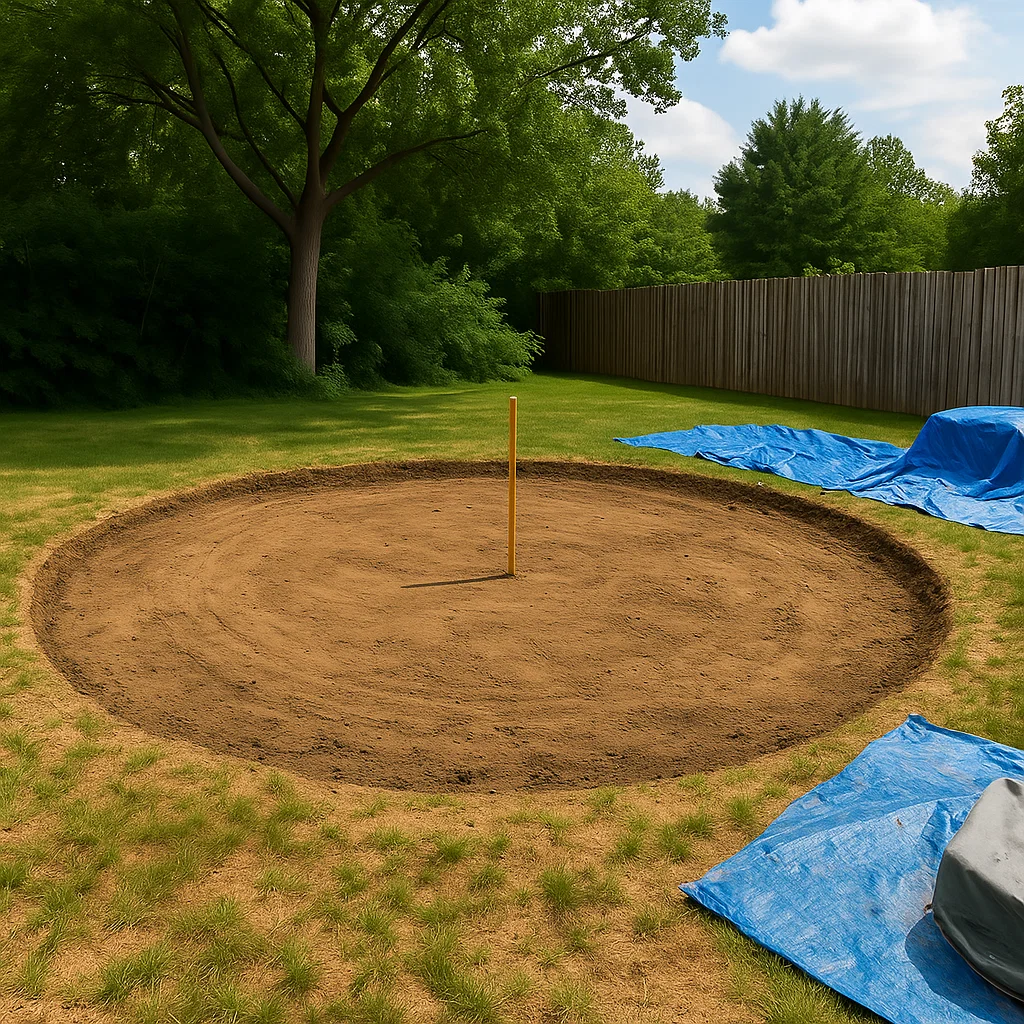 Shovel removing topsoil and grass to create a smooth base for pool setup.