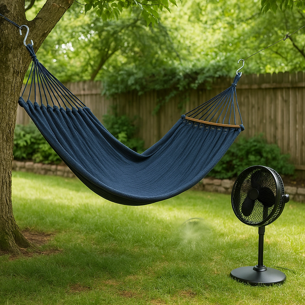 Hand scrubbing striped hammock with brush to remove visible stains.
