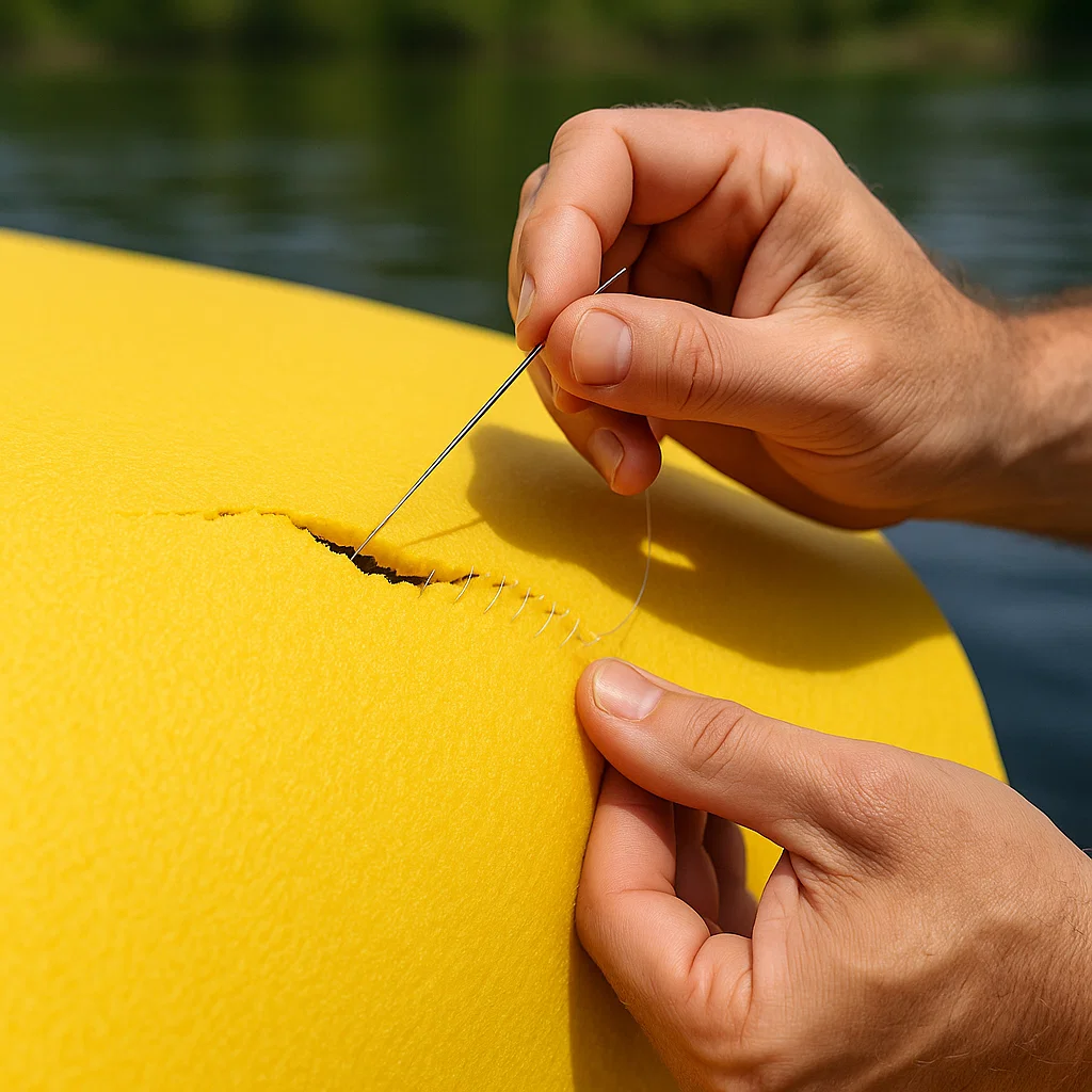 Large vinyl patch being applied over multiple holes on a foam floating mat outdoors.