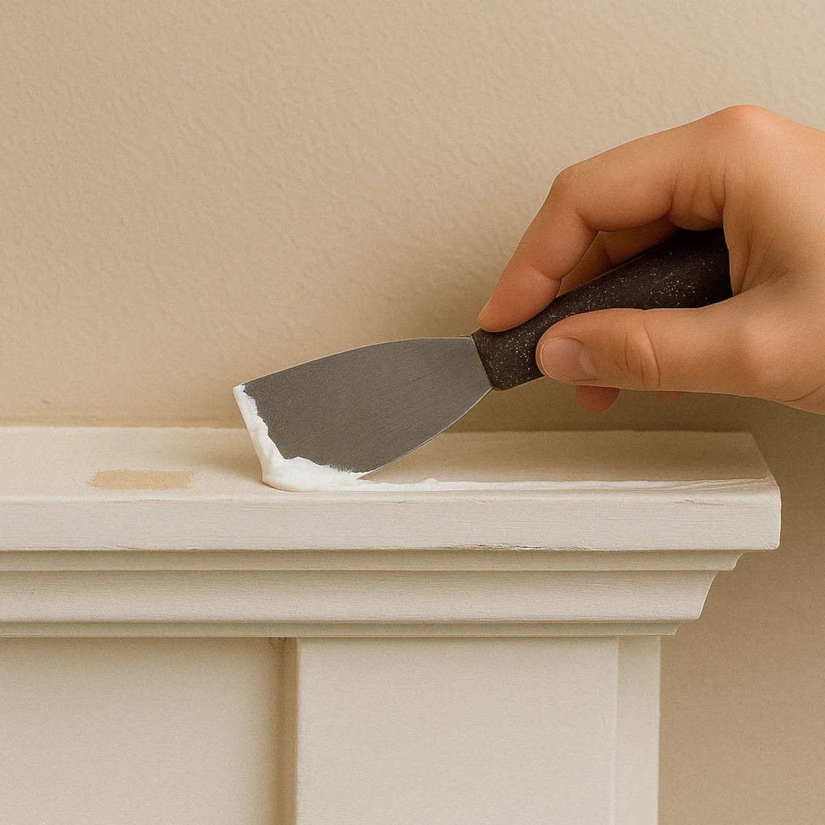 Close-up of putty knife applying filler to repair the edge of a white fireplace mantel.