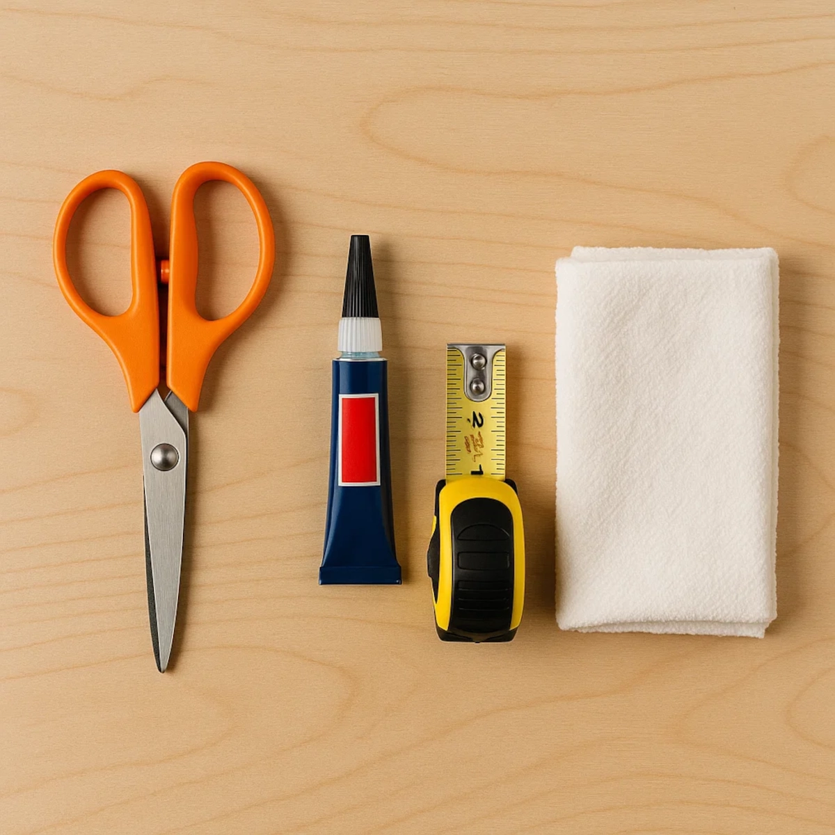 Scissors, adhesive glue, measuring tape, and folded white cloth arranged on a wooden surface.