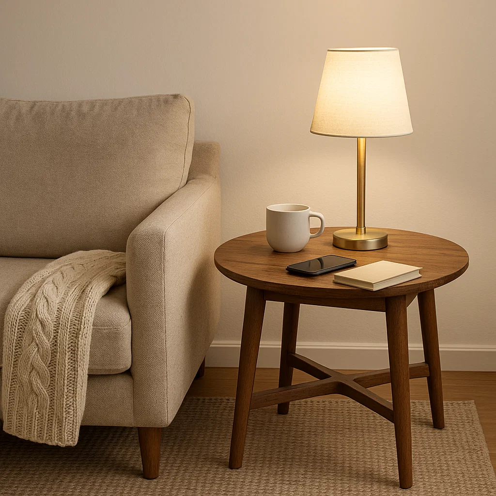 Side table with a lamp, coffee cup, and open space for phone or book usage.