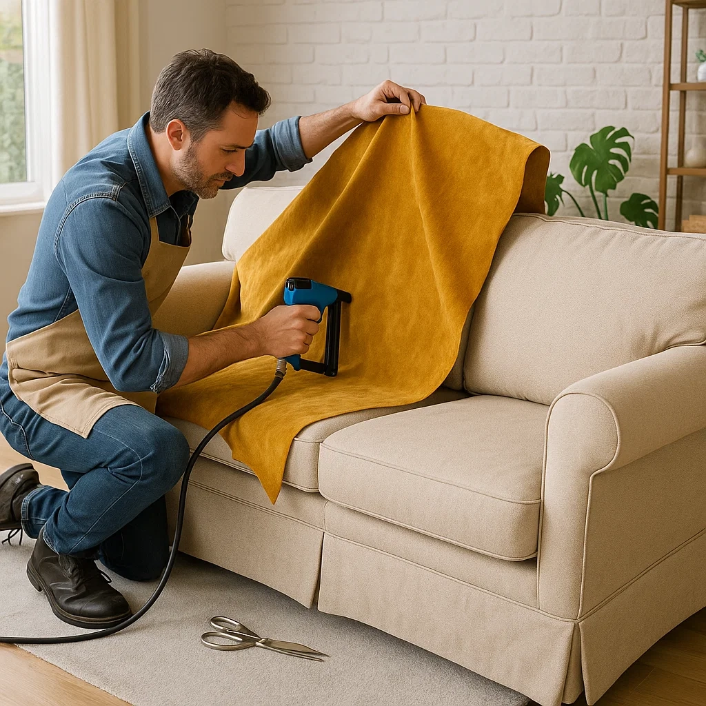Man reupholstering beige sofa with mustard yellow fabric using a staple gun.