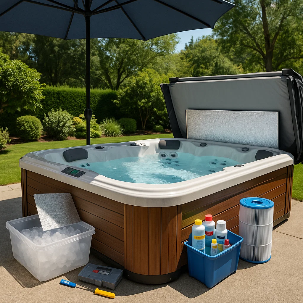 Person inspecting and cleaning hot tub before converting for cold plunge use.