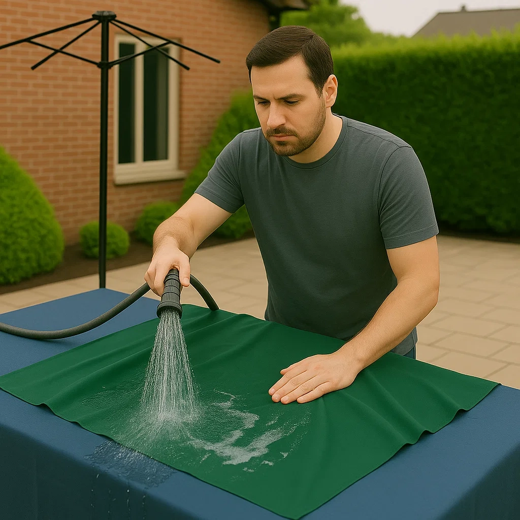 Hose spraying clean water to rinse soap from umbrella fabric on the ground.