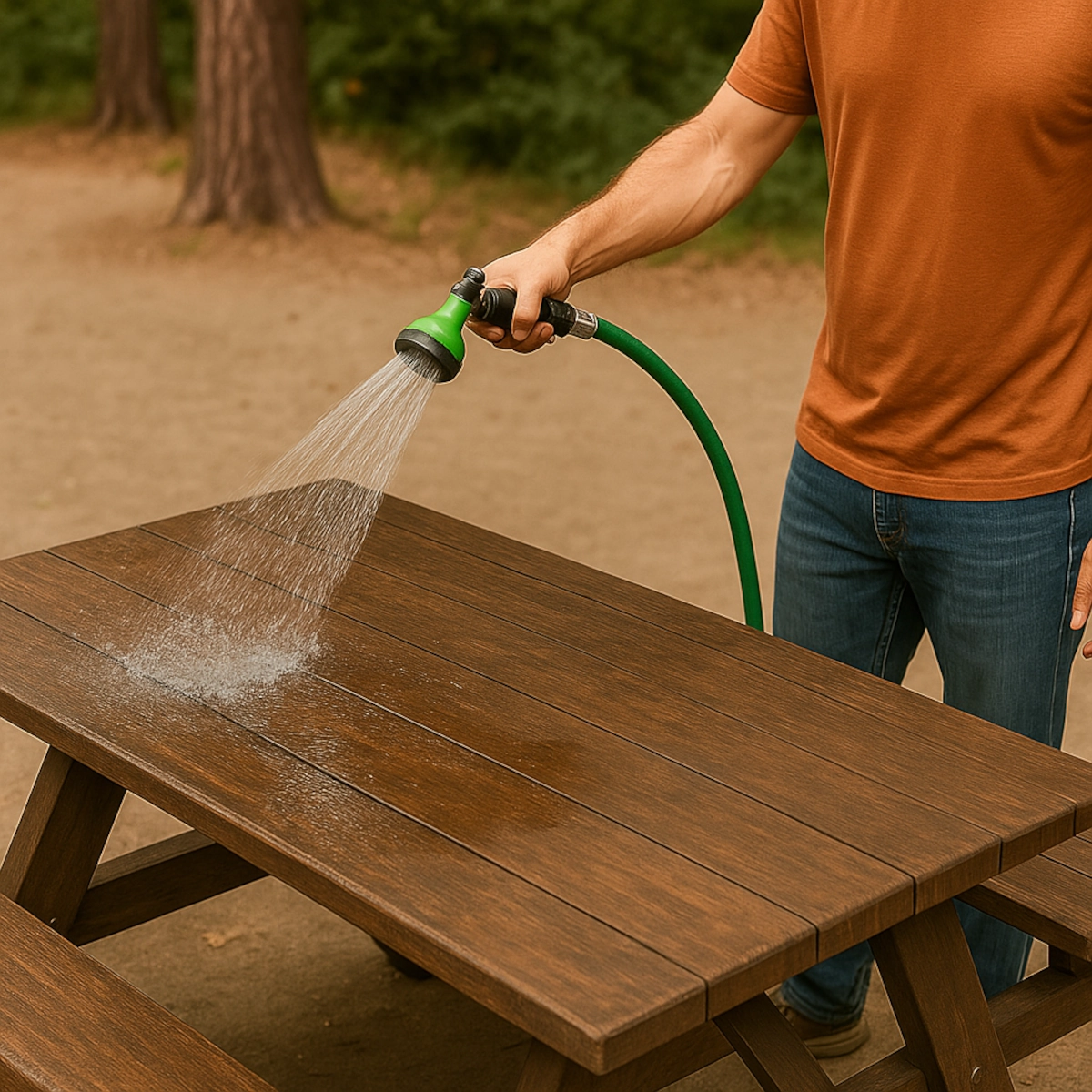 Water rinsing wooden picnic table to remove dust, dirt, and loose outdoor debris.