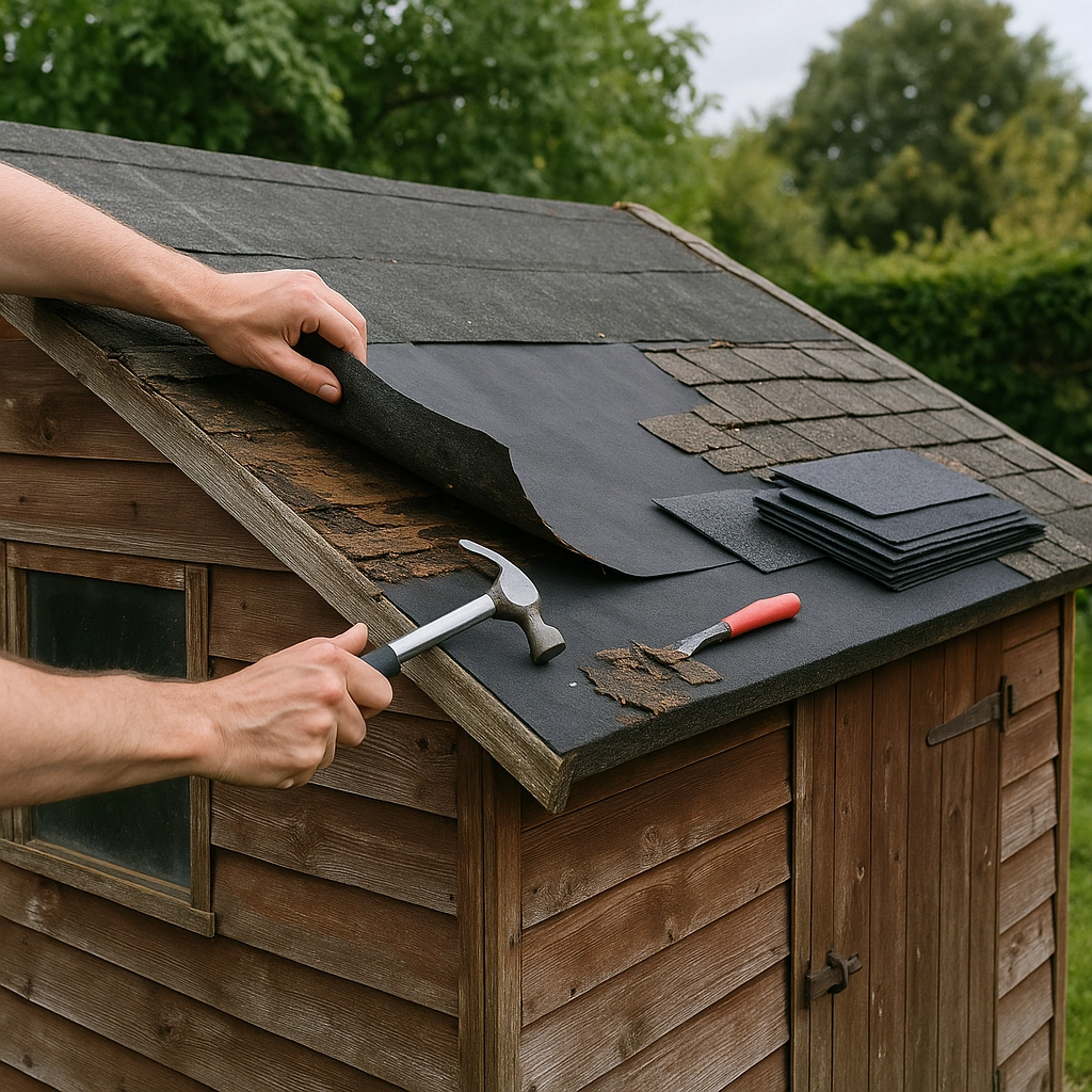 Fixing damaged shed roof shingles and sealing leaks to prevent water damage and mold buildup inside.