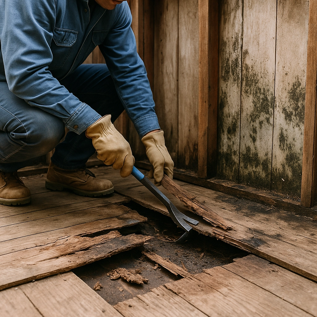 View of decayed shed floorboards and moldy wall panels needing urgent replacement and treatment.