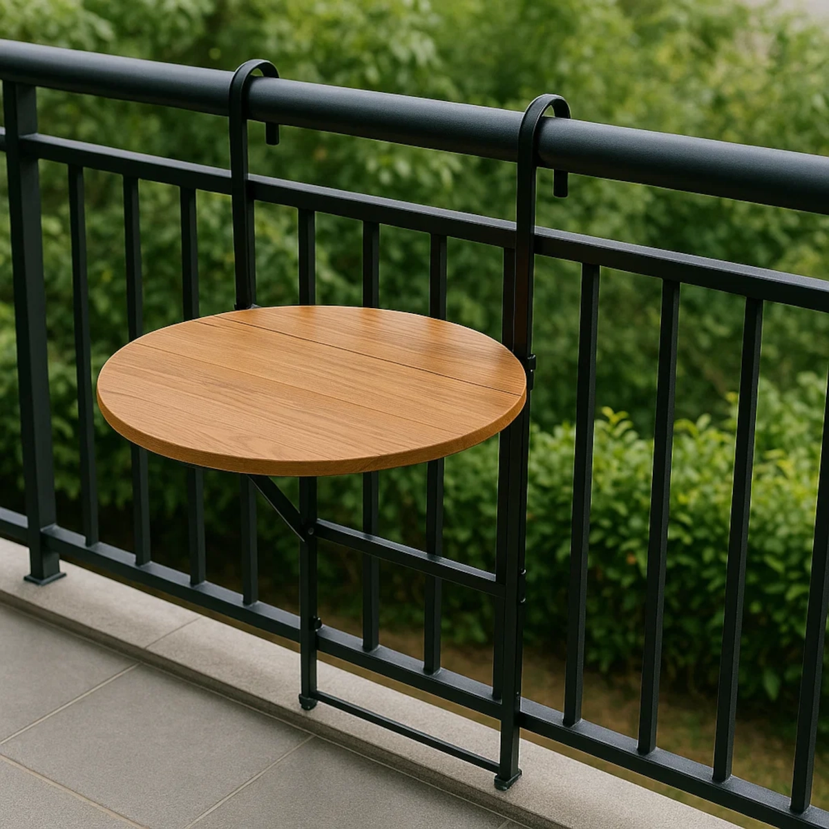 Circular wooden balcony table mounted on black railings, with leafy trees in the background.