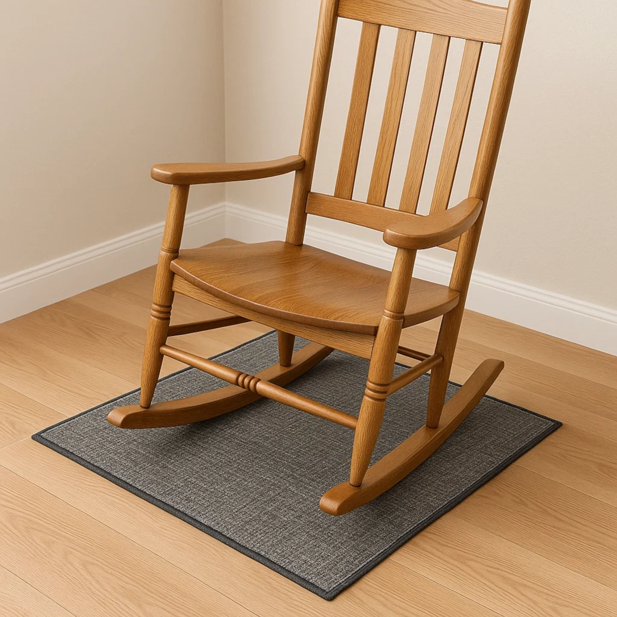 Rocking chair sitting on a textured gray rug to protect the wood floor underneath.