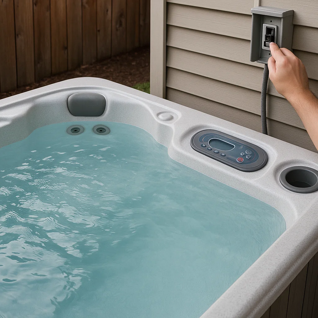 Hand switching off hot tub heater to prepare for cold water temperature setup.