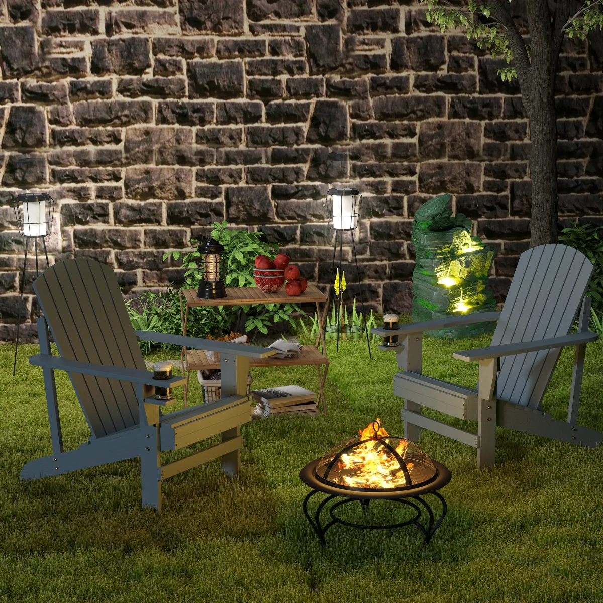 Fire pit on wooden deck with visible safety screen and caution signage for high temperatures