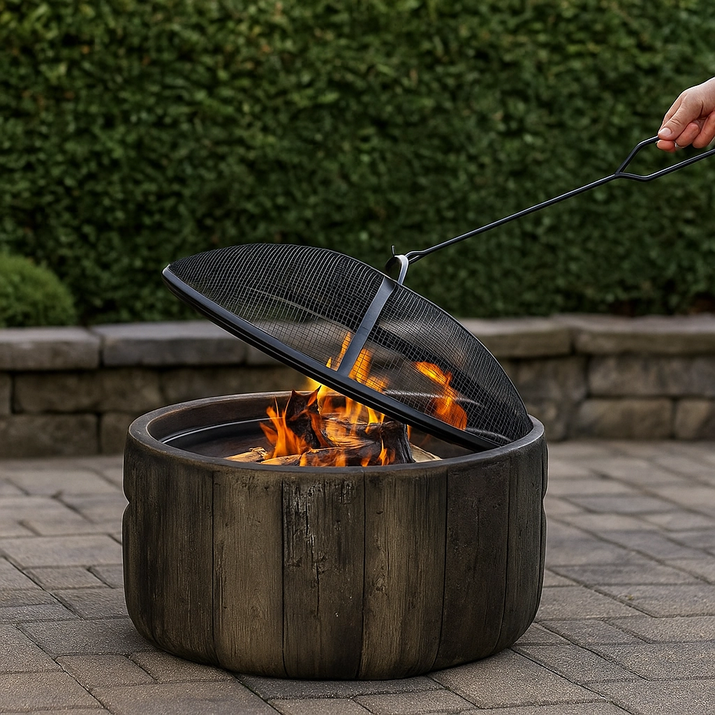 Icons and rules illustrating fire pit safety guidelines and local usage regulations.