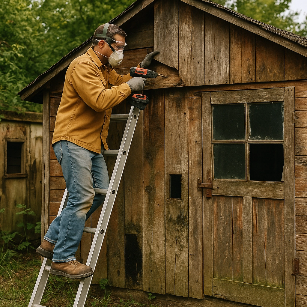 Man wearing safety gear using power tools for shed repair, emphasizing protection during maintenance work.