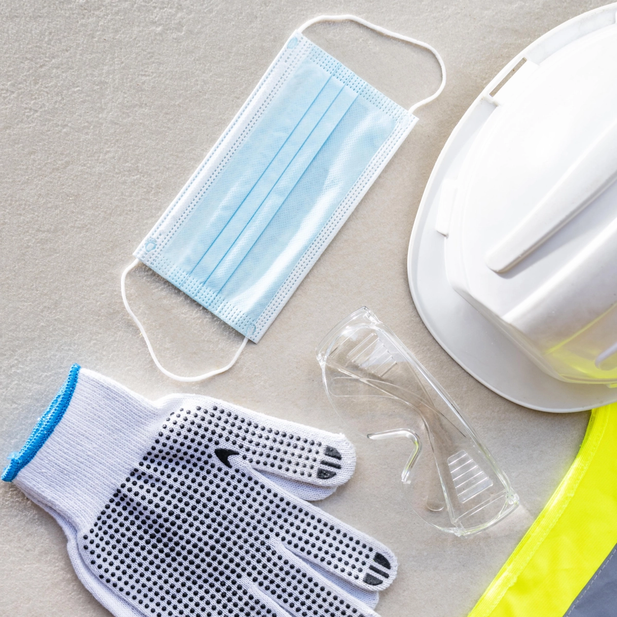 Painter wearing gloves, goggles, and mask while preparing to paint outdoors.