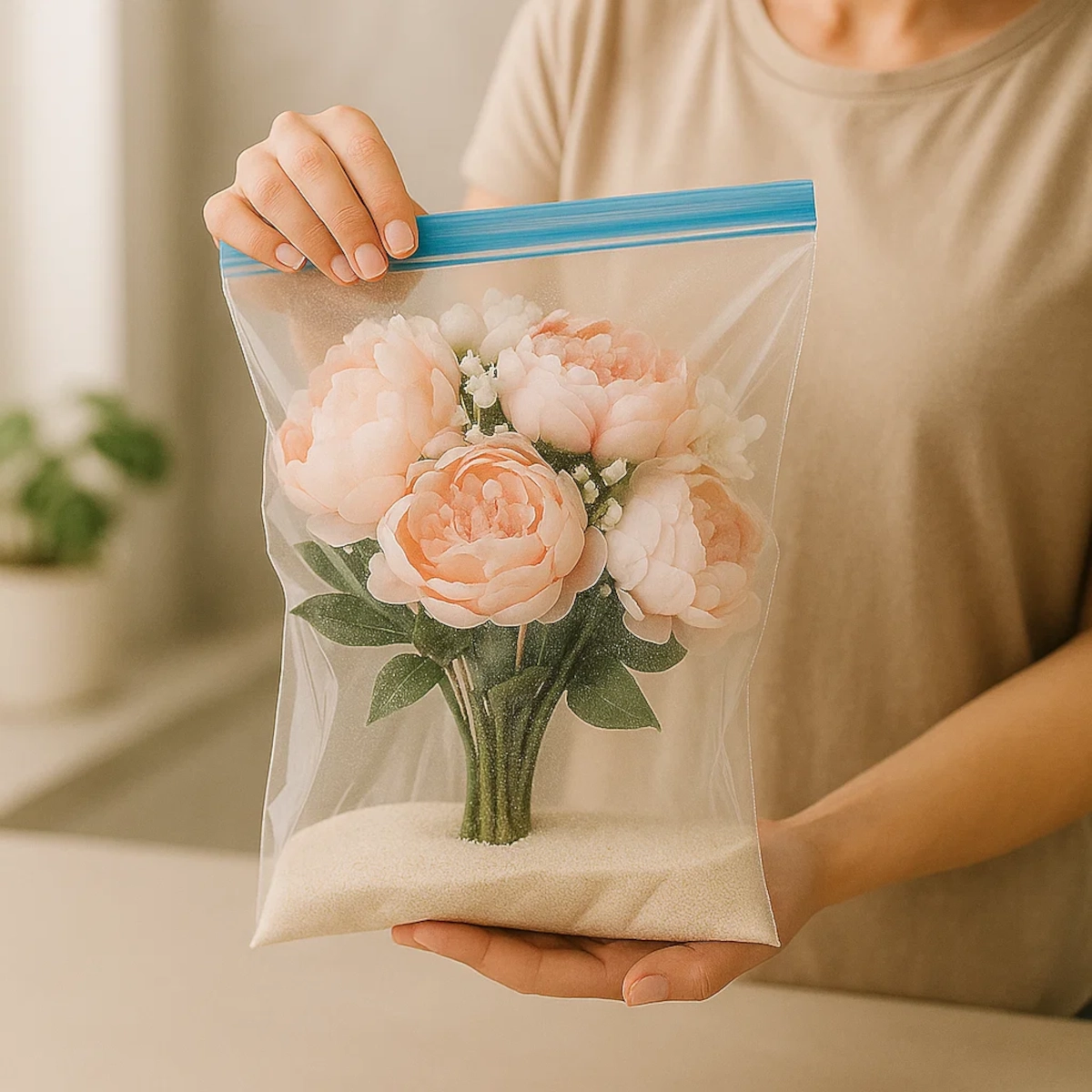 Bouquet of pink artificial flowers in a plastic bag filled with cleaning salt.