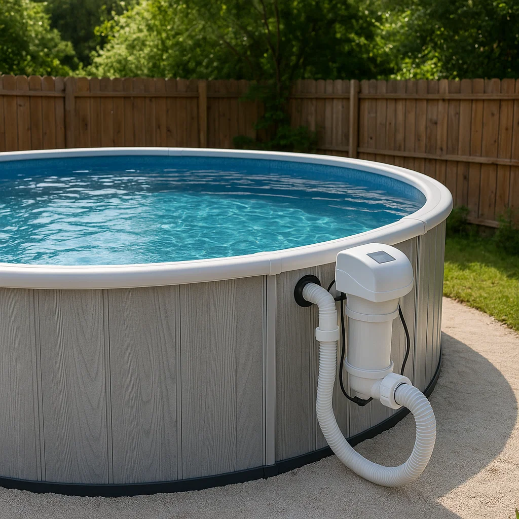 Saltwater-compatible above-ground pool featuring modern filtration and low-chlorine design.