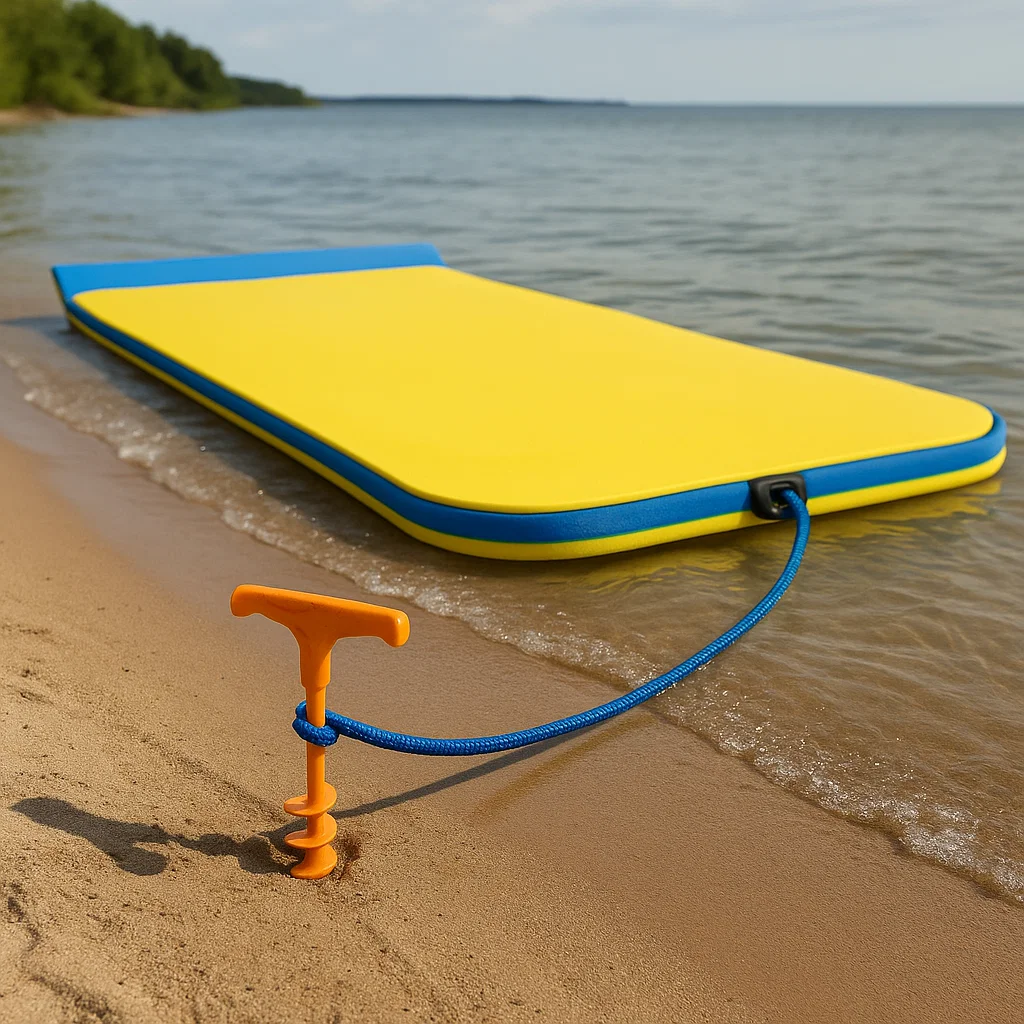 Floating mat anchored to beach with bright orange sand auger screw for stable positioning.
