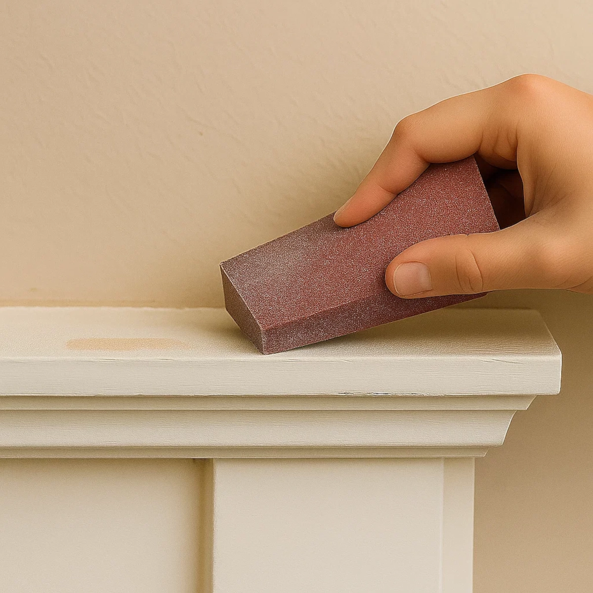 Hand sanding a fireplace mantel edge with a sanding block for smooth surface prep.