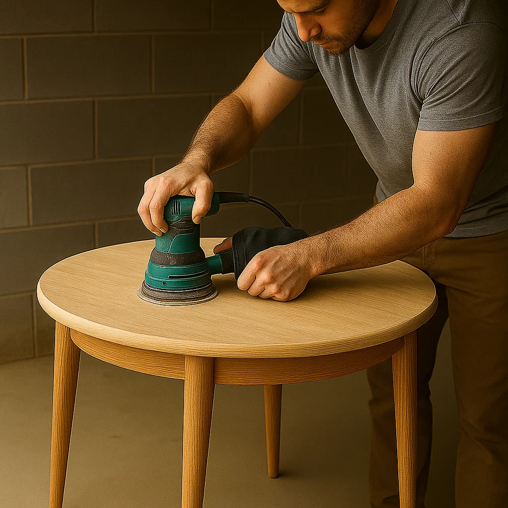 Man sanding a wooden round table using an electric sander for a smooth, even finish.