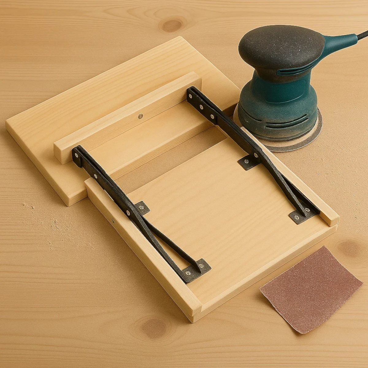 Electric sander and sandpaper next to smooth unfinished wood boards and folding brackets.