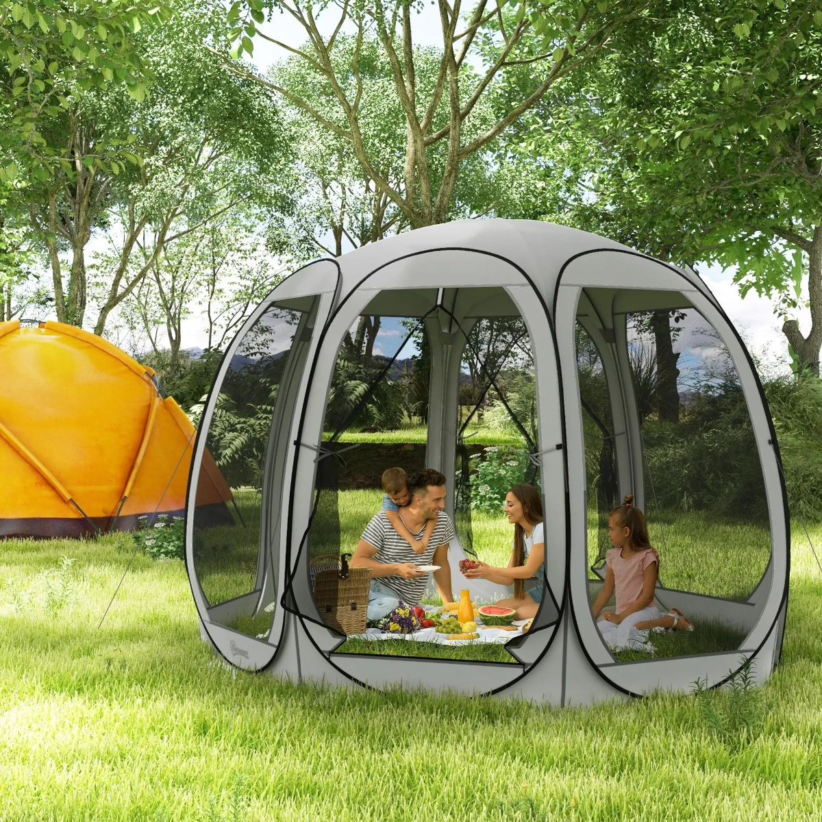 Screened gazebo offering protection from bugs with outdoor seating and dining setup.